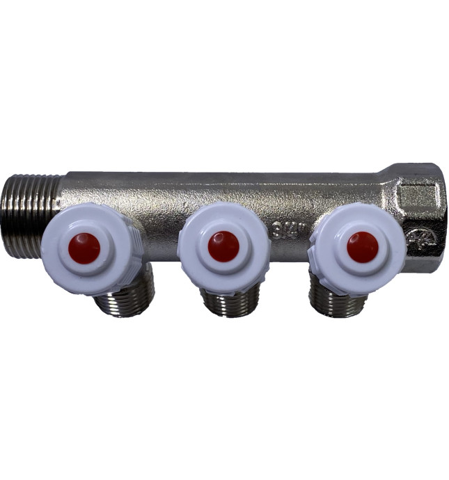 Коллектор латунь никель 3/4" ВР/НР на 3 выхода 1/2" НР с регулировочным клапаном Пензапромарматура 00522013