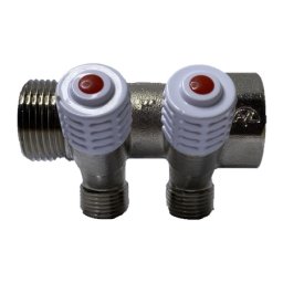 Коллектор латунь никель 3/4" ВР/НР на 2 выхода 1/2" НР с регулировочным клапаном Пензапромарматура 00422013