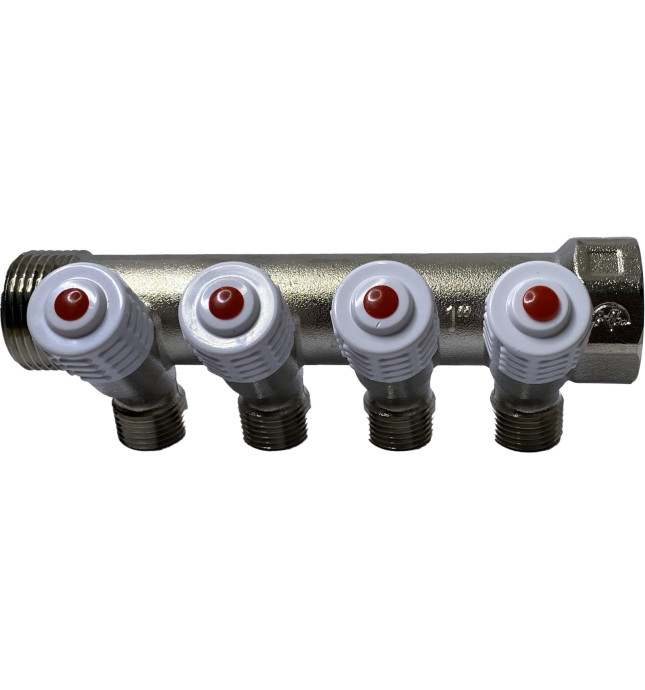 Коллектор латунь никель 3/4" ВР/НР на 4 выхода 1/2" НР с регулировочным клапаном Пензапромарматура 00622013