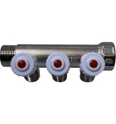 Коллектор латунь никель 1" ВР/НР на 3 выхода 1/2" НР с регулировочным клапаном Пензапромарматура 00532013