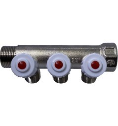 Коллектор латунь никель 3/4" ВР/НР на 3 выхода 1/2" НР с регулировочным клапаном Пензапромарматура 00522013