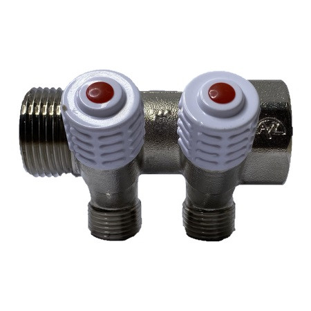 Коллектор латунь никель 3/4" ВР/НР на 2 выхода 1/2" НР с регулировочным клапаном Пензапромарматура 00422013