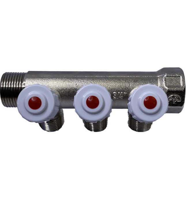 Коллектор латунь никель 1" ВР/НР на 3 выхода 1/2" НР с регулировочным клапаном Пензапромарматура 00532013