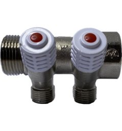 Коллектор латунь никель 1" ВР/НР на 2 выхода 1/2" НР с регулировочным клапаном Пензапромарматура 00432013