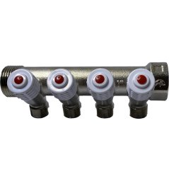 Коллектор латунь никель 3/4" ВР/НР на 4 выхода 1/2" НР с регулировочным клапаном Пензапромарматура 00622013